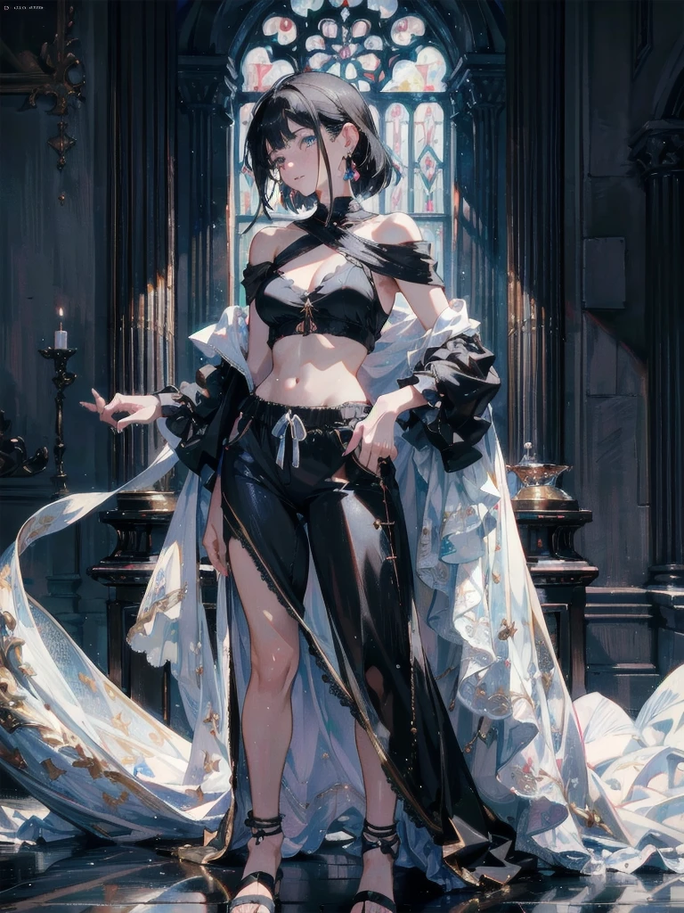 absurdres, RAW photo, extremely delicate and beautiful, masterpiece, Best Quality, ultra high resolution, 32k, hyperrealistic, ultra-detailed, in her 20s, delicate facial features, beautiful detailed girl, tearful mole, earring, medium breasts, full body shot, shorter middle hair, black hair, Joggers Shorts, bare shoulder,