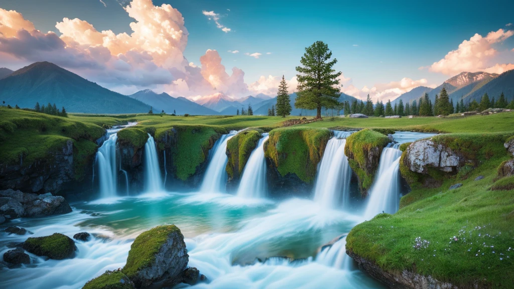 masterpiece, Ultimate Quality, CG Unity 8k Wallpaper, Very delicate, Beautiful sky and clouds, Rich natural scenery,Green tree々, Snow Mountain, Beautiful white mountains々, Nobody in sight, Beautiful Landscape, Winner of the photo contest, Background Blur, Full Depth, HDR High Dynamic Range, True Recovery, Complex, Extreme Detail, dramatic, A perfect presentation of mid-course art style.