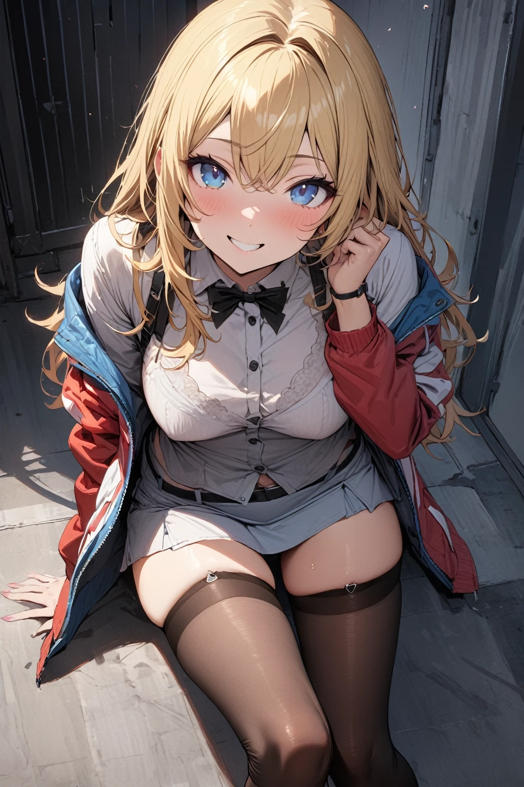masterpiece, best quality, ultra detailed, solo,
sexy girl, blonde hair, blue eyes, mini skirt, casual jacket, playful smile, garter knee length stockings