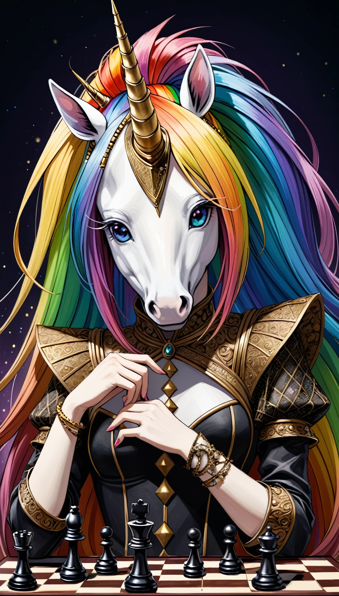 in style of Santiago Caruso,
1girl,
queen \(chess\),Rainbow Pony,unicorn horn,metal spiral sharp corners