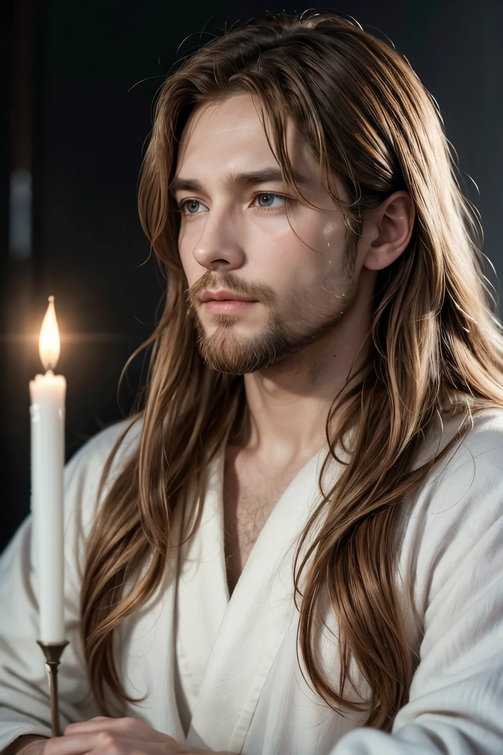 Here is a prompt to create the image:
---
**prompt:**
**Describe the following image:**
An adult man of 33 years old with long hair and a beard, both a chestnut blonde tone. His serene face full of wisdom is reminiscent of traditional representations of Jesus of Nazareth.. He wears a white robe that symbolizes purity and peace., and a light blue cloak that falls softly on his shoulders and back, symbolizing heaven and the divine. The expression on his face is kind and compassionate., with eyes that reflect deep love and understanding. In its presence, you feel an atmosphere of calm and holiness, radiating a soft light that envelops those around it. This figure is a hypothetical representation of the Holy Spirit, manifesting in a human form that inspires comfort, guidance and hope.