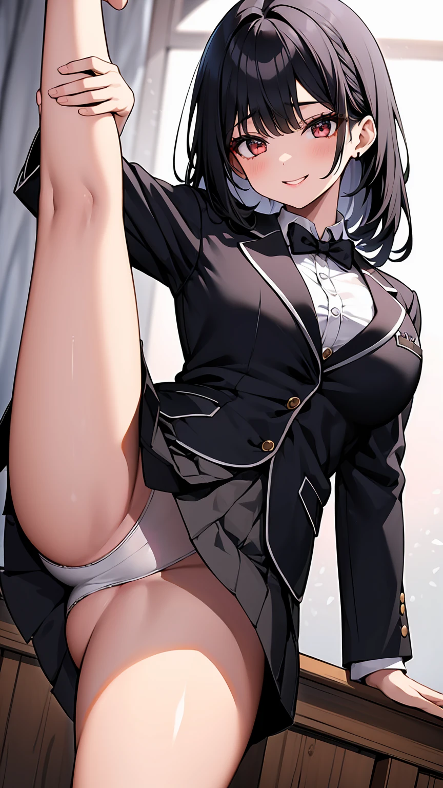 One Girl, Five Fingers, mini skirt, Looking down at the viewer, Black Hairロングヘアー, Highest quality, Focus on the thighs, Dynamic pose, smile, blazer, blouse, barefoot, Standing Split, classroom, Black Hair, Stylish pose,My thighs and groin are steamy 、Luxurious pure white panties