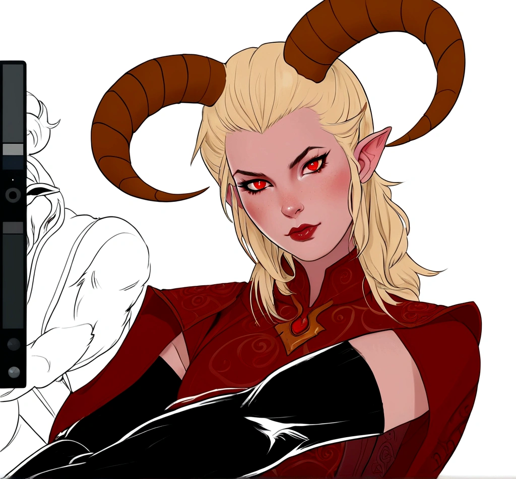 there is a drawing of a female character with horns and a goat head, dnd portrait of a tiefling, tiefling from d & d, tiefling female warlock, tiefling, with horns, clean lineart and color, attractive tiefling druid, girl design lush horns, fit male demon with white horns, wip, horns and red eyes, colored lineart