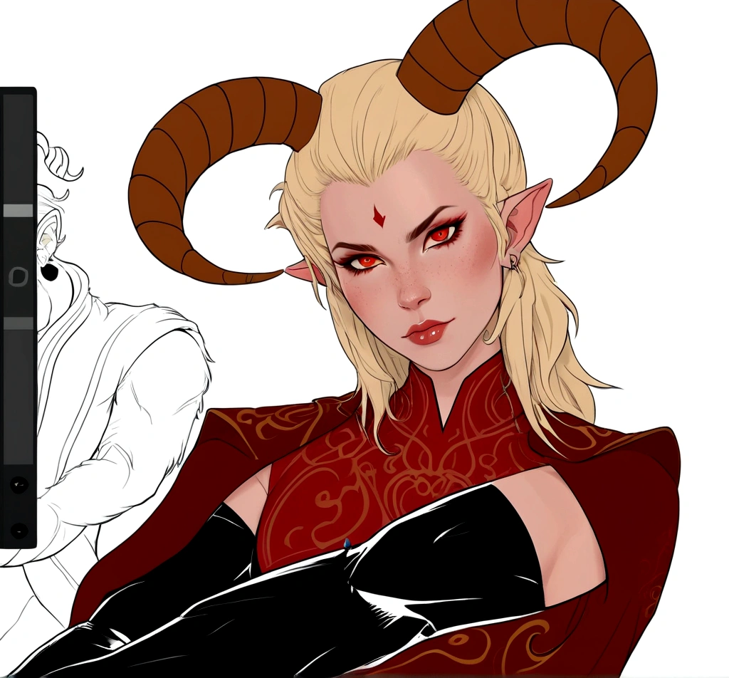 there is a drawing of a female character with horns and a goat head, dnd portrait of a tiefling, tiefling from d & d, tiefling female warlock, tiefling, with horns, clean lineart and color, attractive tiefling druid, girl design lush horns, fit male demon with white horns, wip, horns and red eyes, colored lineart