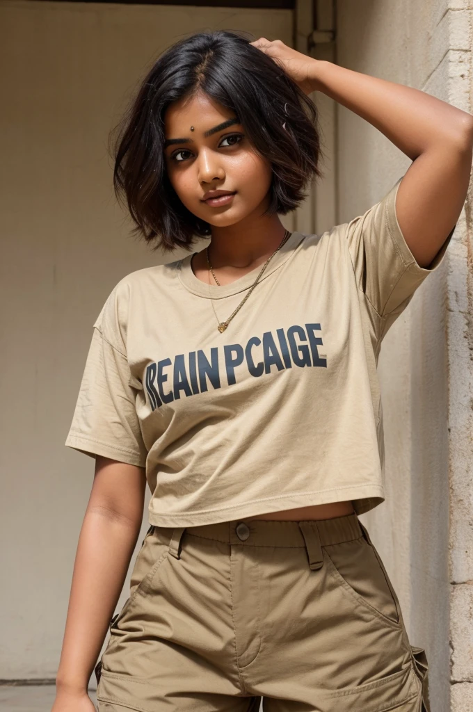 Indian girl with short hair thick college going oversized tshirt and beige parachute full cargos small face