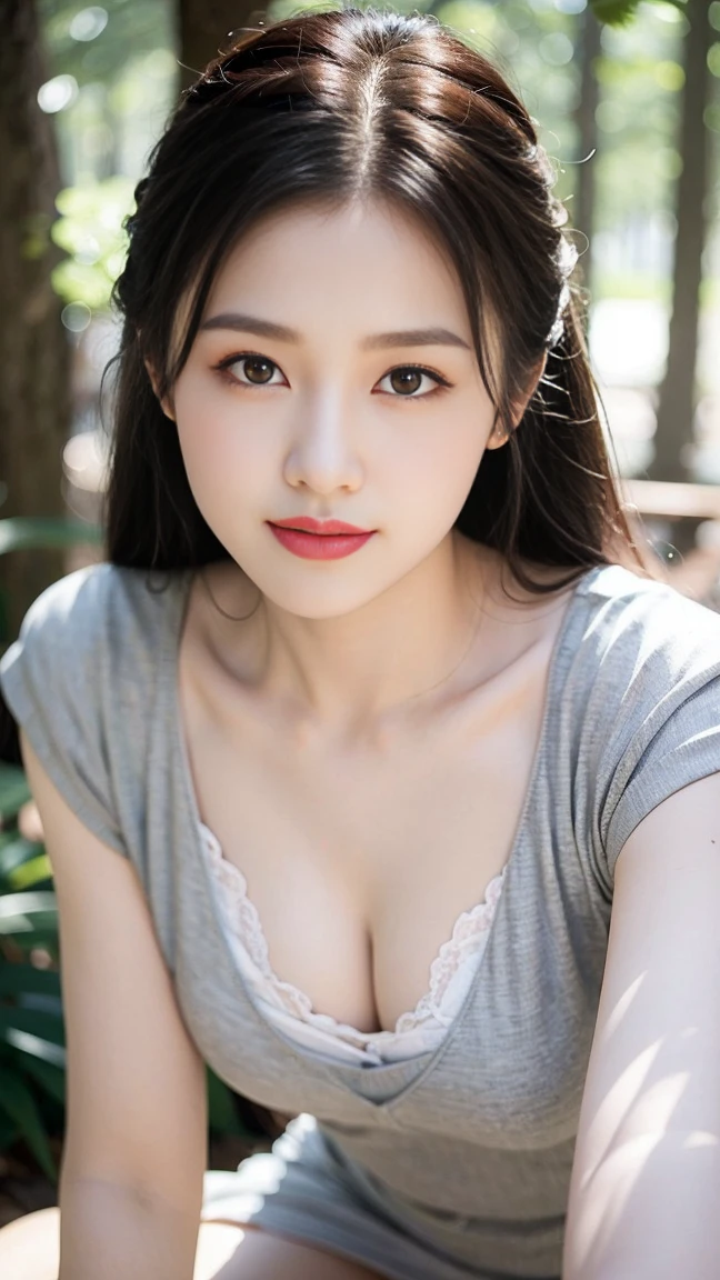 masterpiece, best quality, Surreal, Ultra Detailed, 8k resolution, RAW photos, Clear focus, (A girl in the forest), ((Light grey straight dress:1.1)), sports Shorts, Solitary, Perfect body,Bangs to eyebrows、Beautiful brown hair、Beautiful and delicate eyes、Brown eyes、Raise an eyebrow、High Nose、Small nostril、Little mouth、Tempting lips、Mouth slightly open、Beautiful breasts、Full body、Oval face, Both eyes, Both eyes皮, Long eyebrows, Long eyelashes, A faint smile, Chest 32 inches,The face is good, Perfect proportion、Perfect Anatomy、Perfect composition、Beautiful and detailed shadows、beautiful natural light、beautiful detailed glow、Depth of Field,32 inches in the chest,(a charming smile:1), (sexy pose),26 years old, light,White shoes