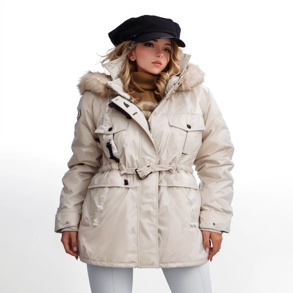 Arafida woman wearing jacket and hat posing for a photo, girl with action shot in parka, above all with many pockets, wearing a white winter coat, girl with backlit shot in parka, above all, above all, wearing hunter coat, tuffle coat, longcoat, ballade, rave coat with fur, wearing a long beige above all