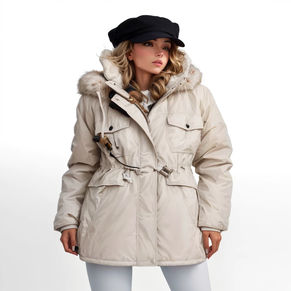 Arafida woman wearing jacket and hat posing for a photo, girl with action shot in parka, above all with many pockets, wearing a white winter coat, girl with backlit shot in parka, above all, above all, wearing hunter coat, tuffle coat, longcoat, ballade, rave coat with fur, wearing a long beige above all