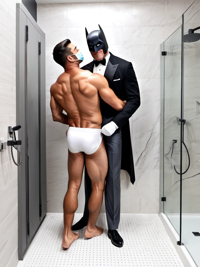 score_9, score_8_up, score_7_up, score_6_up, score_5_up, score_4_up , bara,2men,gay,photo realistic,age difference,
old man butler Alfred (tuxedo, butler, intelligent, gentlemanly, slim, 68years old, Batman costume folded and hanging on his arm) is hugged and French kissed by Batman (hairy, muscular, tall, body covered with old scars, naked with erection and white briefs) wearing only a mask, shower room