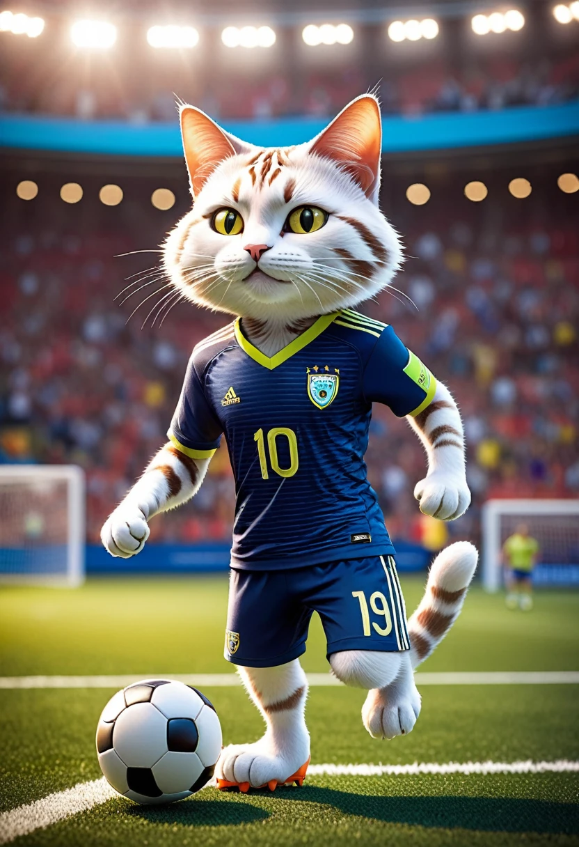 An anthropomorphic cat, standing confidently on a soccer field, is depicted as a skilled soccer player. This cat has sleek fur with unique patterns, and its athletic build is evident through its agile posture. It wears a vibrant soccer uniform with a jersey, shorts, and cleats, its tail flicking with excitement. The cat's expressive eyes show determination, and its ears are perked up, fully alert. In one paw, it balances a soccer ball, ready for the next move. The background features a lively stadium filled with cheering fans, capturing the thrilling atmosphere of a high-stakes match.