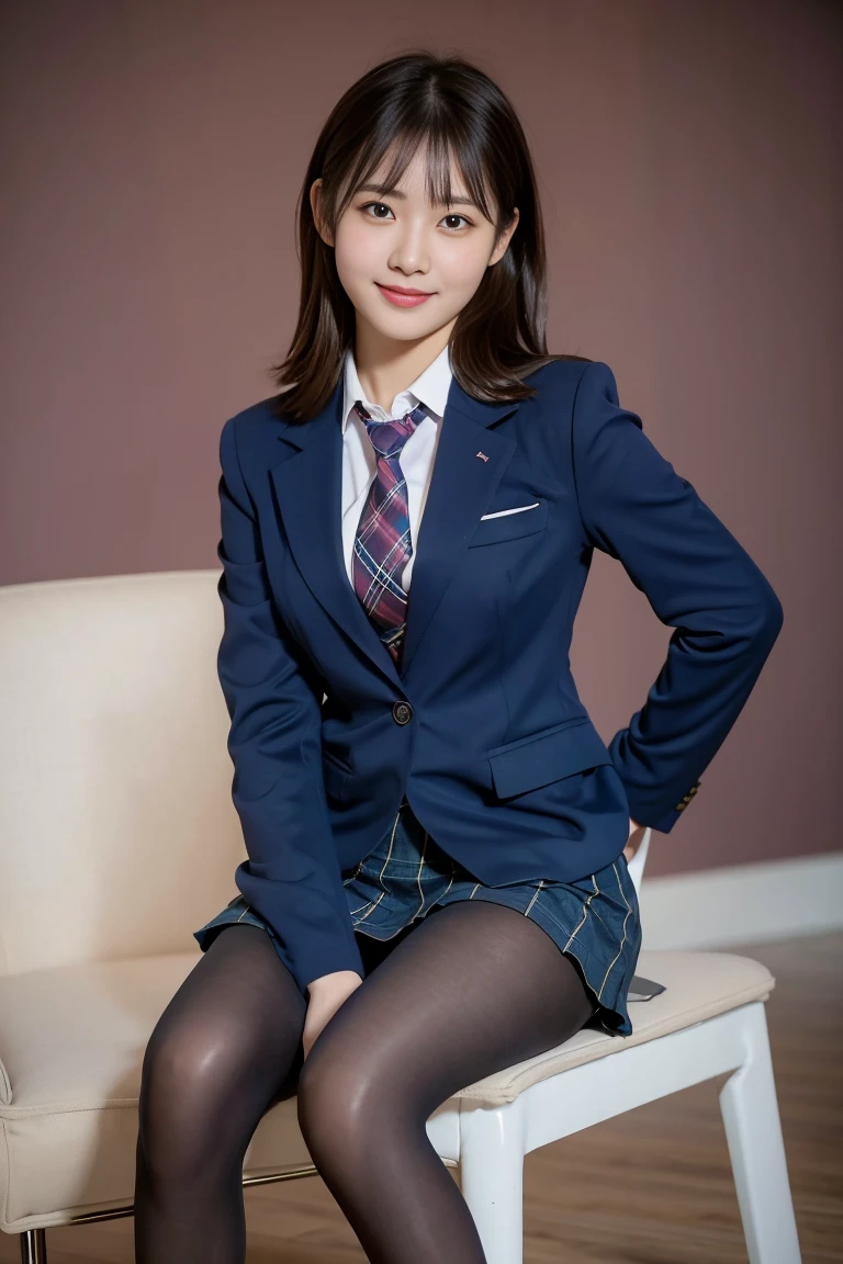 (8k), (highest quality: 1.2), (Realistic), (Realistic: 1.37), Ultra-high resolution, (1 girl), cute, blush,Embarrassed smile, Beautiful details, Beautiful Nose, straight Hair, Giant Dulcefo, pork, Thighs,Self Snap,University Uniforms,(A simple dark blue blazer:1.4),(Pleated skirt:1.2),(The skirt and tie are tartan check pattern.:1.3),(Sitting:1), Sit on the chair,(Hold my feet:1),(shiny pantyhose:1.2),from the front,knees