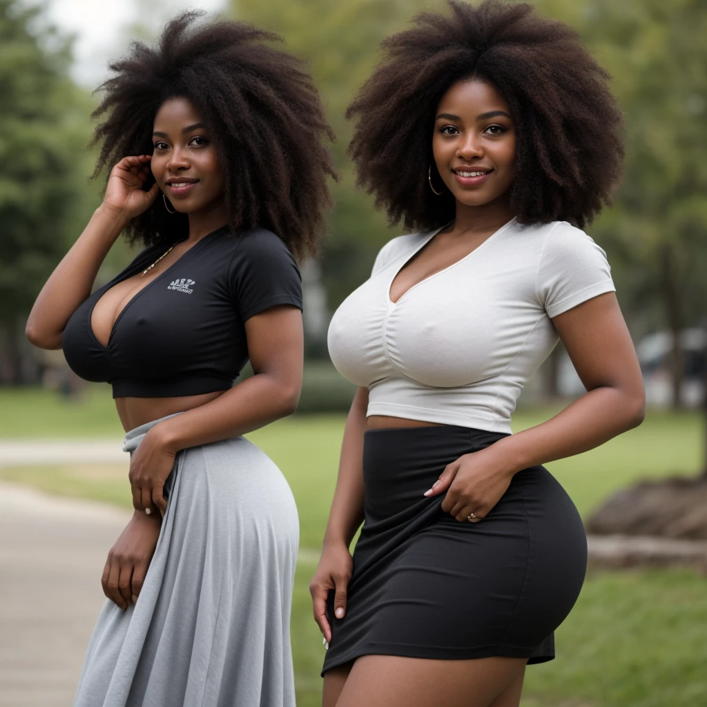 ONE GIRL. best quality, ultra-detailed, hyper realistic, 8k, full body shot, 23 years old, Nigerian beautiful girl, round shaped face, dark black skin, highly detailed skin with blemishes, ebony, dark natural afro hair, fit athletic figure, full body, big natural E cup breasts, big butt, wide hips, wearing a sexy shirt, loose long skirt, cleavage, smiling, in a crowded park