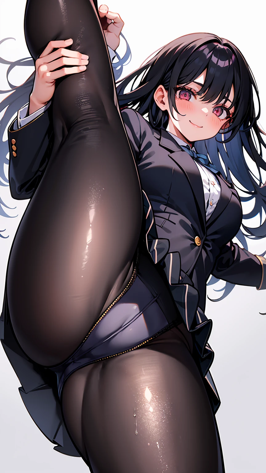 One Girl, Five Fingers, mini skirt, Looking down at the viewer, Black Hairポニーテール, Highest quality, Focus on the thighs, Dynamic pose, smile, blazer, blouse, Black Pantyhose, panties under pantyhose, Standing Split, classroom, Black Hair, Stylish pose,My thighs and groin are steamy