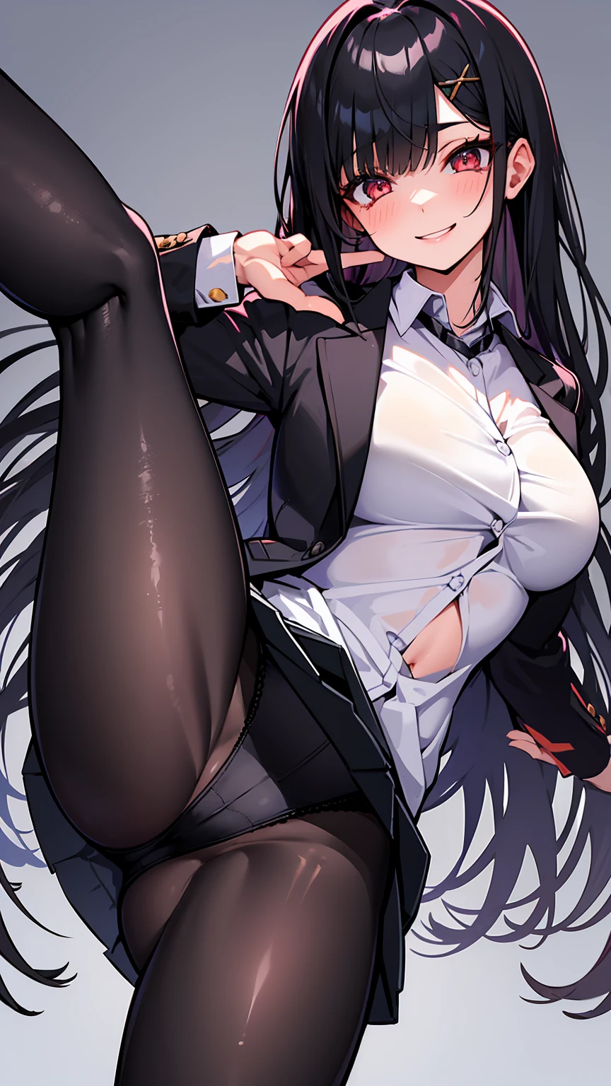 One Girl, Five Fingers, mini skirt, Looking down at the viewer, Black Hairポニーテール, Highest quality, Focus on the thighs, Dynamic pose, smile, blazer, blouse, Black Pantyhose, panties under pantyhose, Standing Split, classroom, Black Hair, Stylish pose,My thighs and groin are steamy