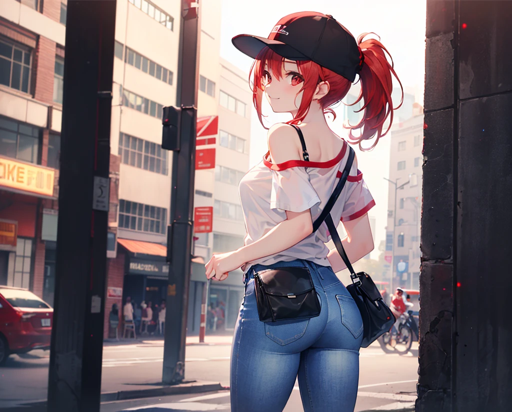 (Close-up:1.3),Realistic,Highest quality, Ultra Detail, High-quality CG rendering, The most delicate and beautiful, Floating softly, High resolution, (1 girl), (Highest quality,4K,8K,masterpiece:1.2),(All red hair:1.5), (ponytail:1.5),(Red eyes:1.5),(Slightly larger breasts:1.2 (Pure white T-shirt:1.3),(Black skinny jeans:1.3),(Black baseball cap:1.3),In the city,old buildings,(Turn your back to your audience:1.3),Butt,Are standing,(Small shoulder bag:1.3),smile
