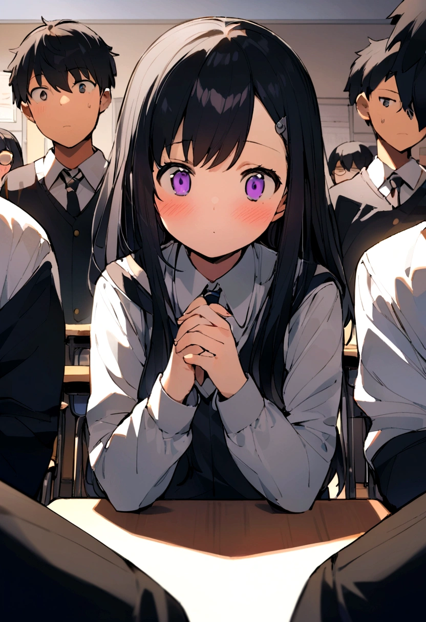 In the center, a 15-year-old boy and girl are having a discussion in a classroom.、cute、Behind me are many classmates.、