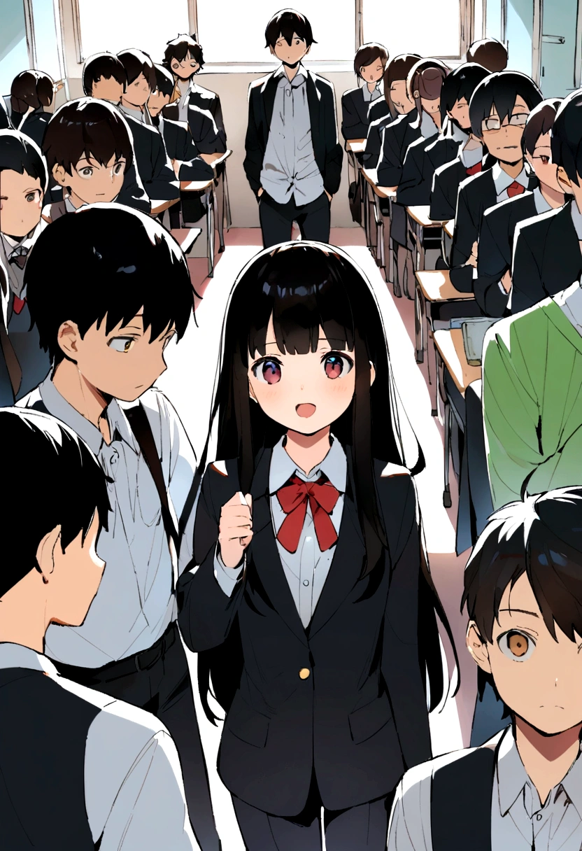 In the center, a -yeld bond girl are having a discussion in a classroom.、cute、Behind me are many classmates.、