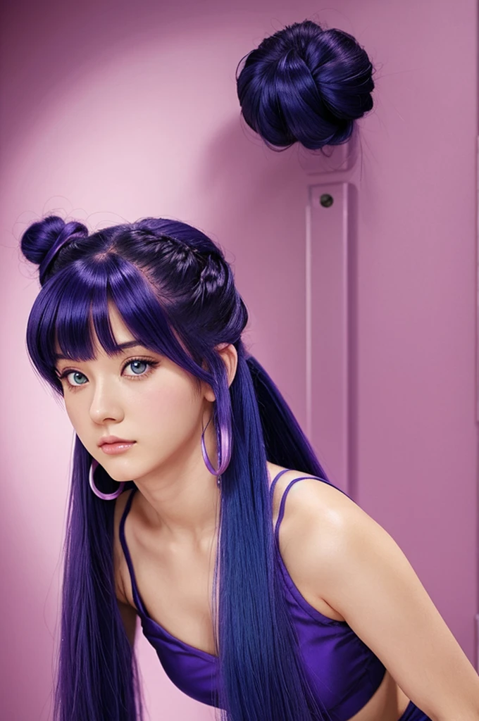 Shampoo (shampoo) One girl Purple-blue hair Double buns Waist-length hair With bangs Big red eyes anime style 90s Anime style face ranma 1/2 best quality, detailed skin