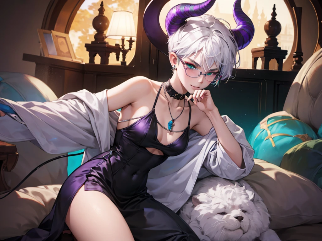 8k, masterpiece, best quality, highly detailed, 1 girl, tiefling, warlock, multicolored hair, very short straight hair green highlight hair on white hair, strippled hair, wearing glasses, round glasses, earrings, red eyeshadow, long eyelashes,navel piercing, blushed cheek, necklace, collarbone, mole, glamorous, purple and teal clothing, villainy, smirk, seductive face, close up view, rings, looking at viewer, demon horns, solo, elegant dress, ballroom, palace, blue pale moon, sitting,
