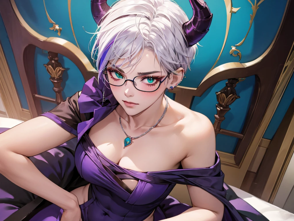 8k, masterpiece, best quality, highly detailed, 1 girl, tiefling, warlock, multicolored hair, very short straight hair green highlight hair on white hair, strippled hair, wearing glasses, round glasses, earrings, red eyeshadow, long eyelashes,navel piercing, blushed cheek, necklace, collarbone, mole, glamorous, purple and teal clothing, villainy, smirk, seductive face, close up view, rings, looking at viewer, demon horns, solo, elegant dress, ballroom, palace, blue pale moon, sitting, 