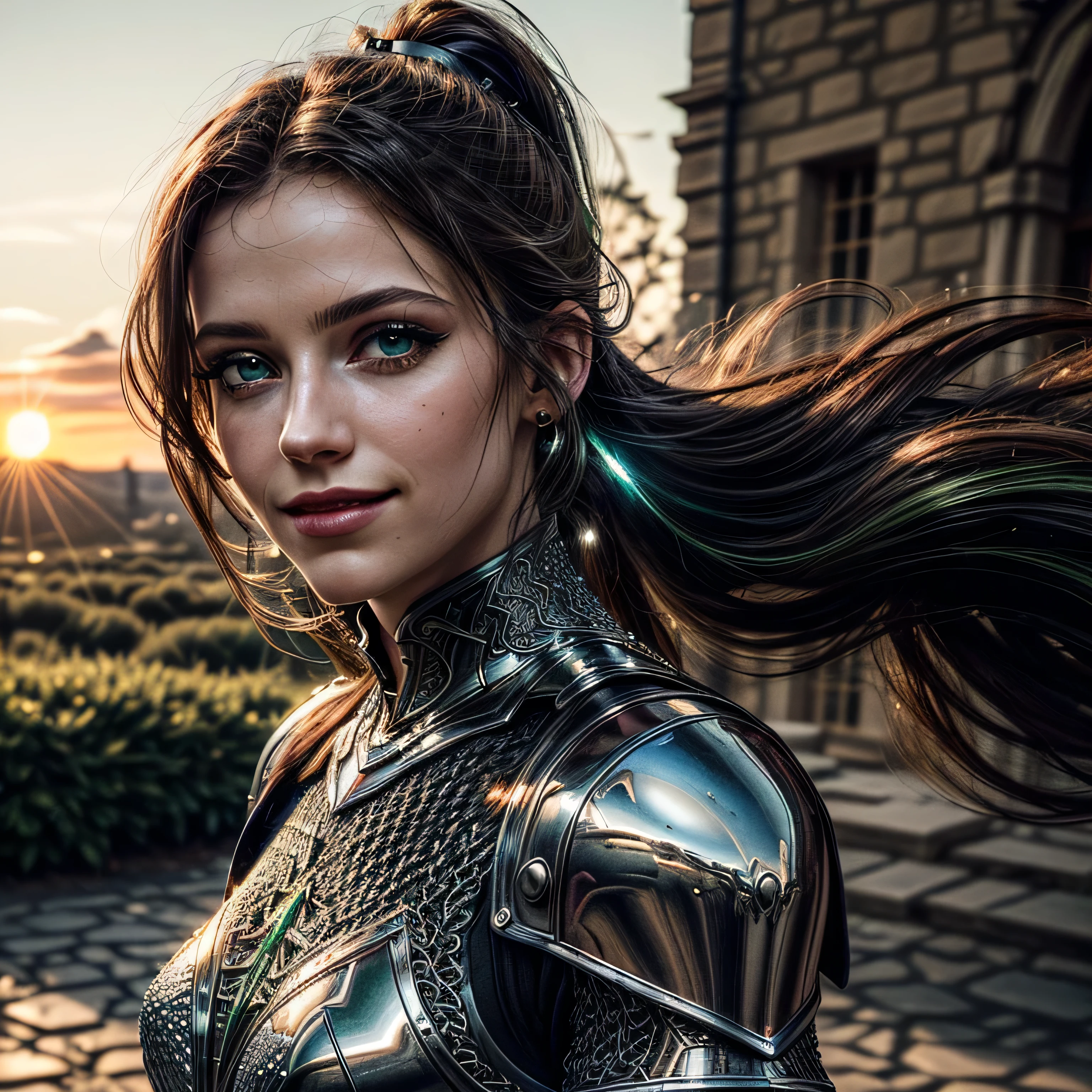 (masterpiece, photorealistic:1.4, extremely intricate:1.3), (photon mapping, radiosity, physically based rendering, ultra resolution, hyper-realistic, photorealistic:1.4, hyper-realistic, 8K), muscular girl, ((Sumptuous armor from the late Renaissance, black chrome perfectchainmail armor:1.4, (long eyelashes), clear green eyes, smiling)), metal reflections, outdoors, intense sunlight, far away castle, (long straight ponytail black hair, blowing, dynamic pose), sharp focus, dramatic, award winning, cinematic lighting, (film grain, bokeh, interaction, sunrise)
