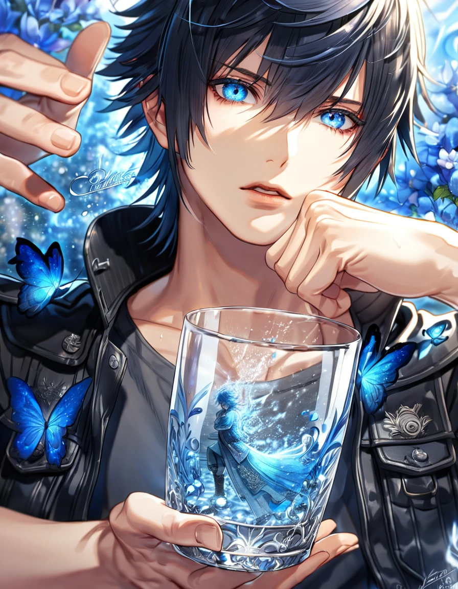 absurdres, highres, ultra detailed, HDR, master piece, best quality, extremely detailed, Noctis Lucis Caelum, black hair, expressive blue eyes, Final Fantasy XV, sexy man, solo, handsome, black clothes, one black glove on the right hand, fantasy, magical, sparkling, water, glass, blue moon, blue flowers, blue butterflies, blue petals