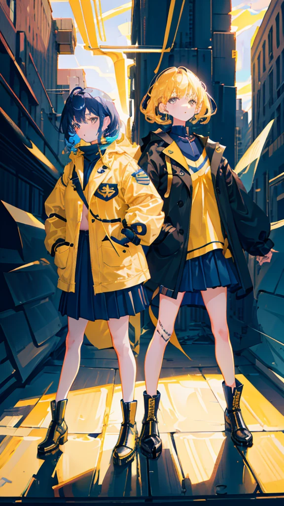 2girls, twins, short wavy navy blue hair, golden yellow glowing eyes, wearing black tube top, navy blue trench coat, navy blue long denim skirt, golden boots, sleeve tattoo, river, absurdres, high res, ultra sharp, 8k, masterpiece, looking at viewer