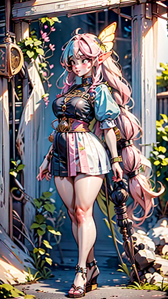 High detailed, Anime, 1 fairy woman, Elf ears, wavy hairstyle, parted Bangs, light hot-pink colored hair, split-color hair, busty, gorgeous plump body, yellow formal clothes, strong body, strong arms, Fairy's wings