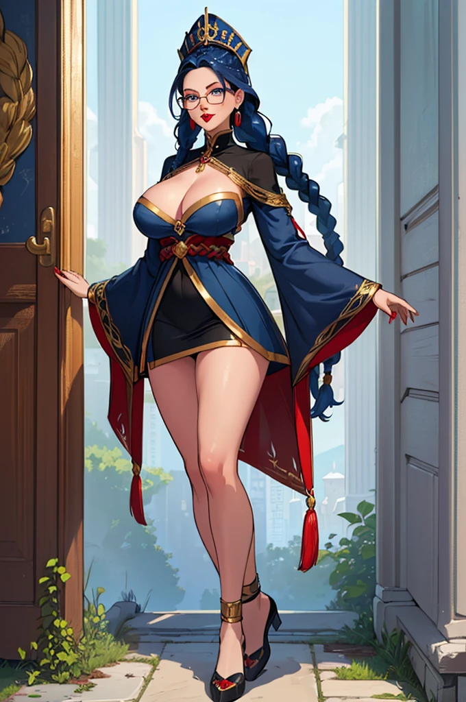 (masterpiece, best quality, high resolution, ((full body, standing,))((huge breasts)) 1 woman, ((dark blue hair with braids, red lips, blue eyes, glasses))( black scholar outfit with gold trim,) accessories, earrings, fantasy headdress, full body
