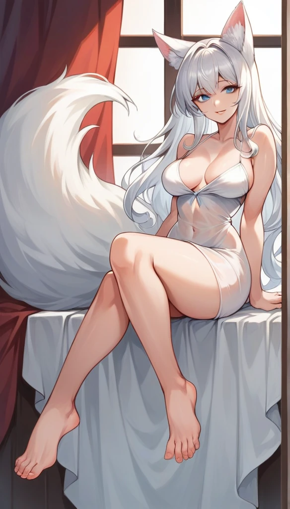 high detail, super detail, super high resolution, high quality. Extremely sexy and beautiful girl, with a beautiful face, wide and beautiful lips, lascivious smile, White skin, blue eyes, curvy body, beautiful feet and thighs, long white hair, white fox ears and fox tail, short dress, transparent dress, shows a lot of skin, It&#39;s low-cut. sitting, showing legs, crossed legs, showing feet, showing soles of feet. barefoot, feet on camera, big breasts, correct pie anatomy, foot anatomy, sexy pie, pies, Detailed feet, correct pie anatomy, detailed thighs, detailed curves, detailed breasts and body. very wet, wet clothes, clothing fabric marking your body more.