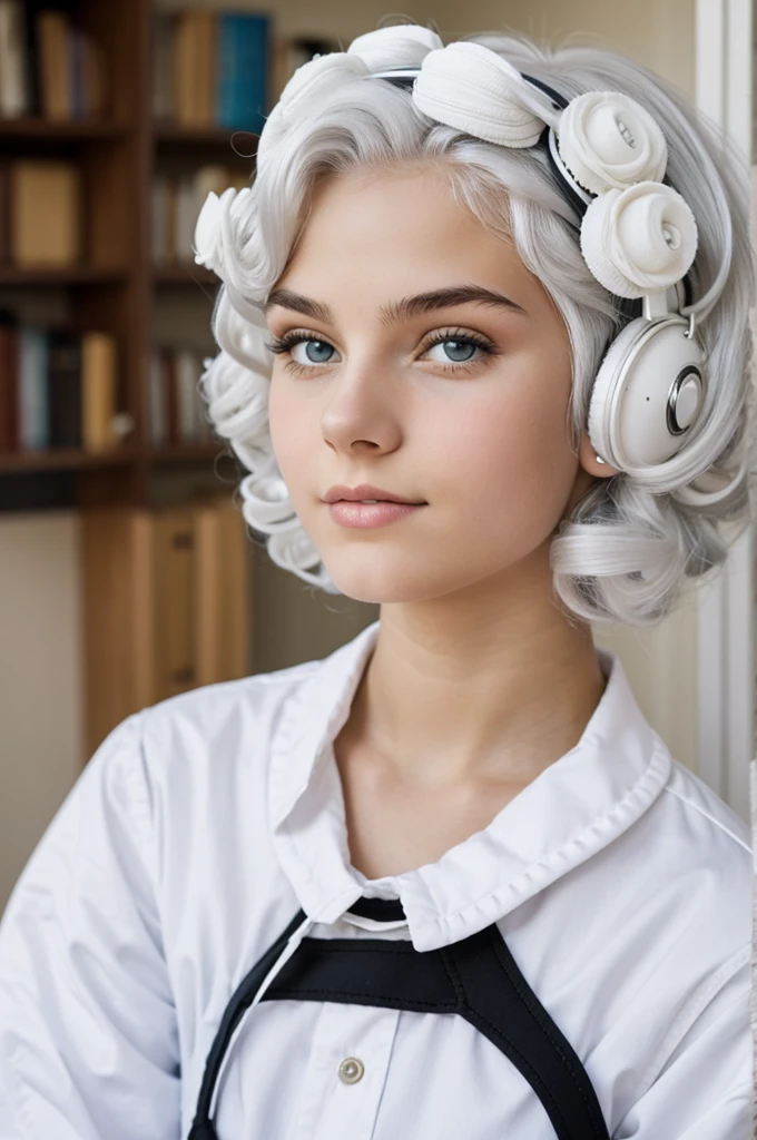 teenager with white hair and curlers