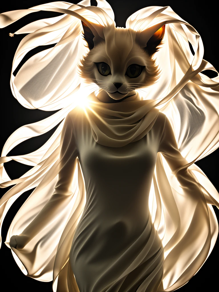 From a transparent silk scarf with light brown, gold and cream she forms the transparent figure of a cat. Soft, very light and ethereal. Part of the scarf flutters in the wind. Dark background.
