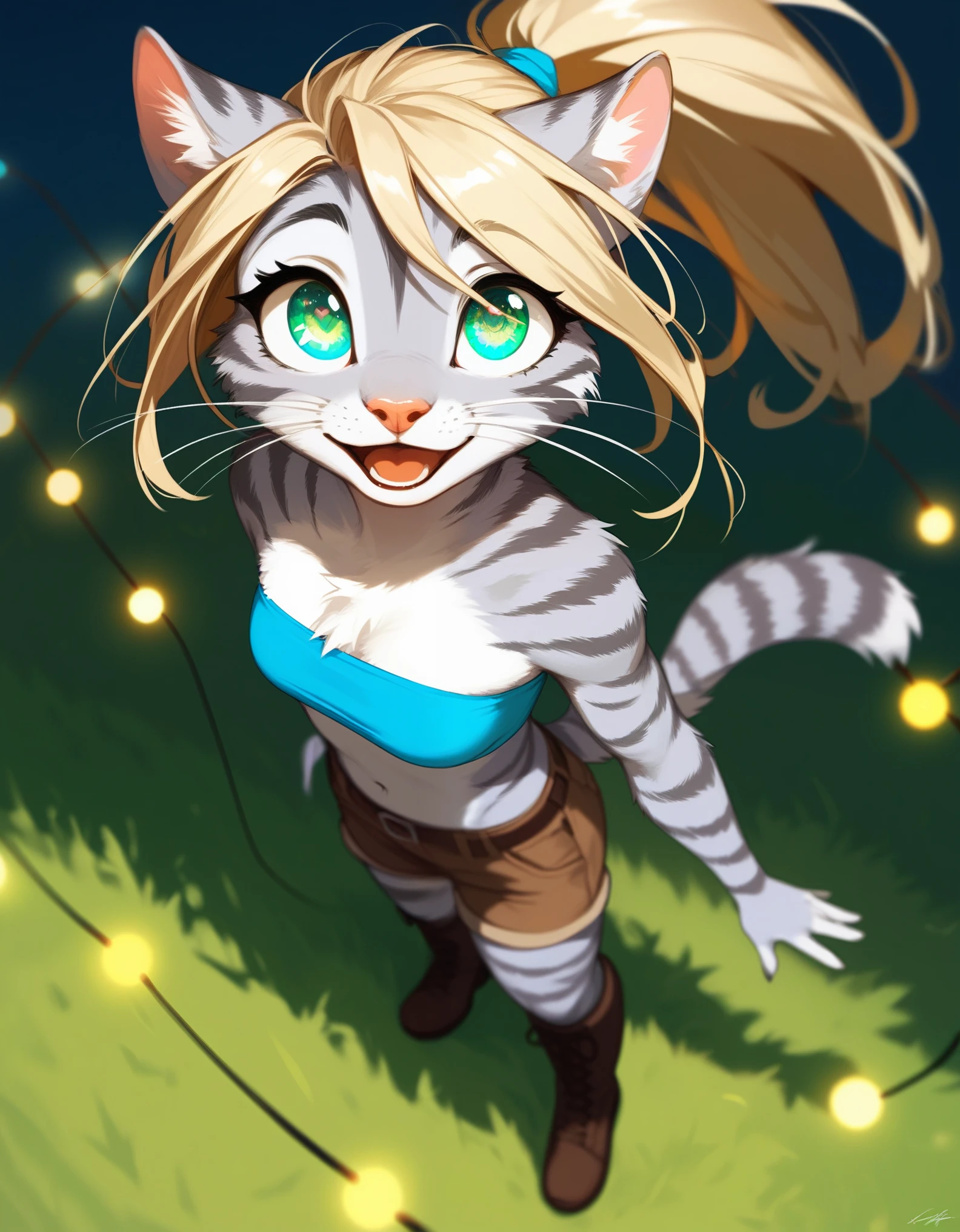 Solo, score_9,score_8_up,score_7_up, source_furry, (Kat, Anthro furry feline girl, adult female, blue eyes, blonde hair, hair in a pony tail, eyes half closed, silver fur, grey stripes, tail), wearing blue bandeau, brown shorts, standing, mouth open, feline teeth, a cherry placed between her teeth, biting on a cherry, smirking, (a cherry in her mouth):1.4, close up, side view