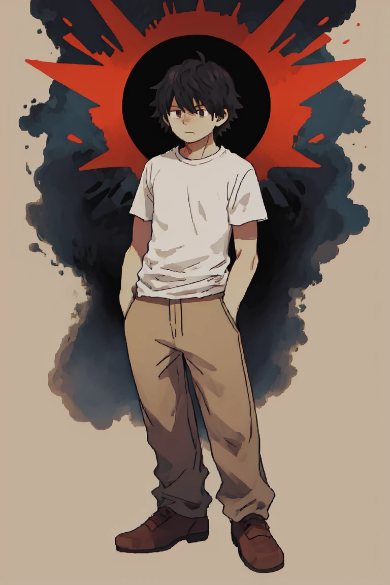 Tall boy with black hair, with beige pants and a white t-shirt 