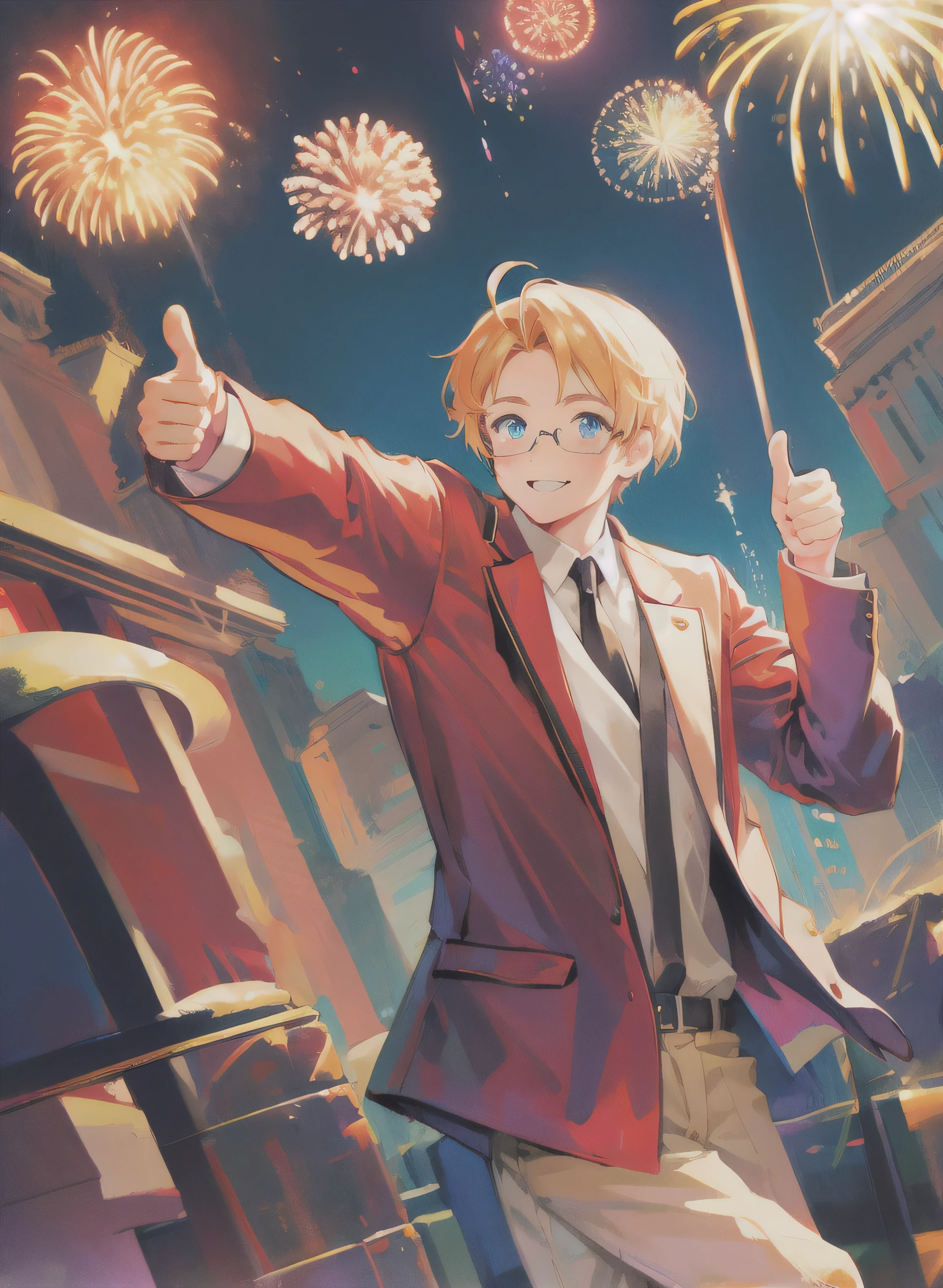 absurdres, best_quality, uhd, masterpiece, Highest resolution, 1boy, Alfred, pants, thumbs up, smiling, looking at viewer, fireworks in background