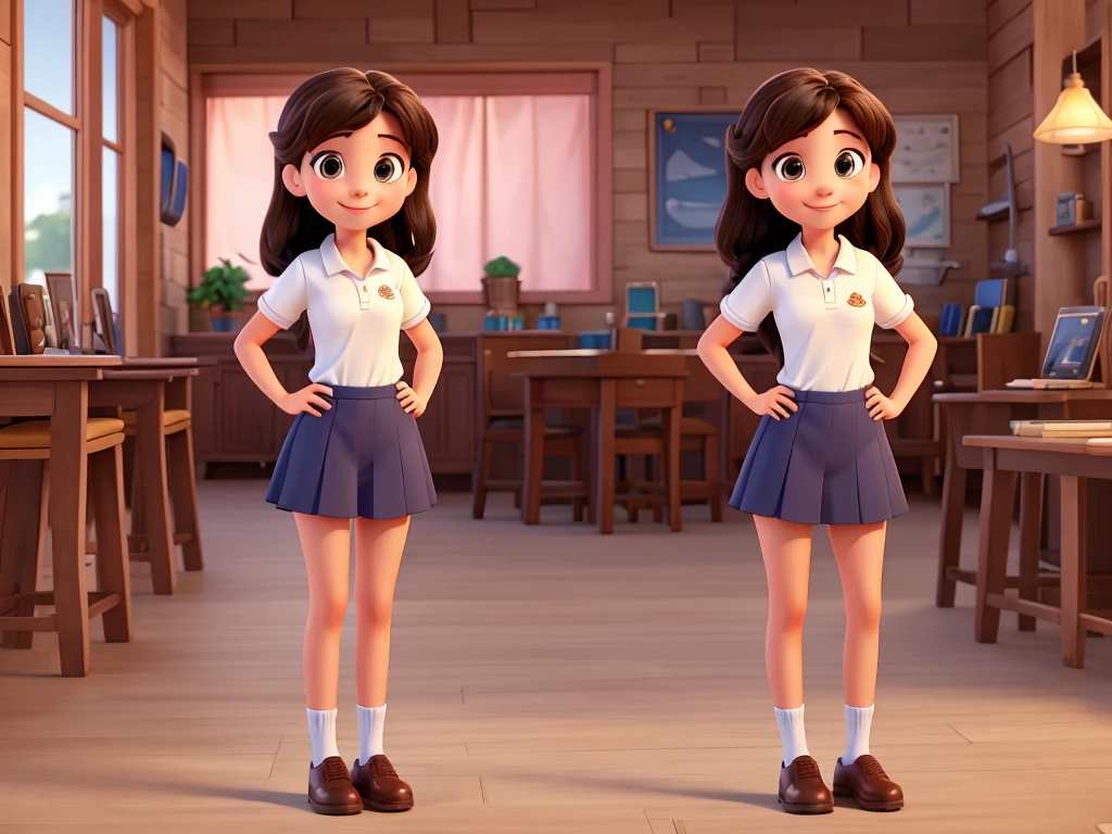 girl in Disney style, full body, wearing work uniform, polo shirt, standing, front, straight dark hair, dark brown eyes, charming, friendly and smiling character.