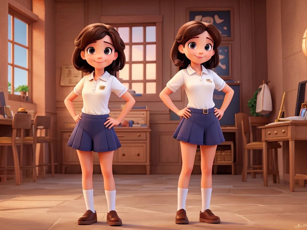 girl in Disney style, full body, wearing work uniform, polo shirt, standing, front, straight dark hair, dark brown eyes, charming, friendly and smiling character.