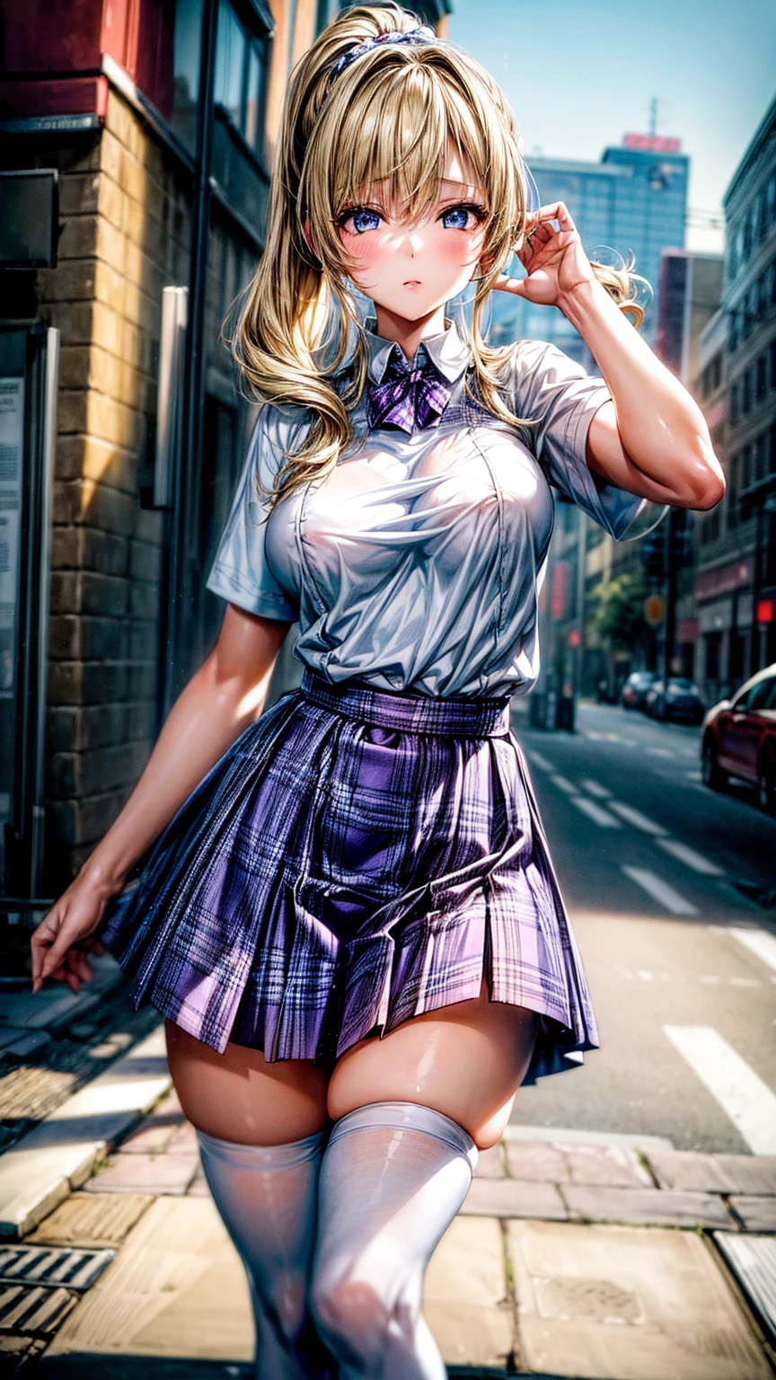 1girl,masterpiece,best quality,blonde hair,(ponytails),green eyes,(white stockings),(purple plaid skirt),short skirt,standing,in full length,medium breasts,white t shirt,in front of streets,extremely detailed,[[realistic]],beautiful alluring anime teen,seductive anime girl,waving skirt