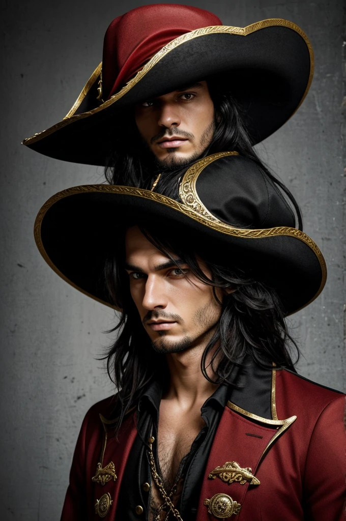 Hat: He wears a large, elaborate red hat with a wide brim, decorated with ornate designs and a feather.
Hair: He has long, wavy black hair cascading down, framing his face and shoulders.
Face: He has a pale complexion with a confident, slightly sinister expression. His eyes are narrow, giving a piercing look.
Clothing: He wears a classic pirate outfit, with a high-collared coat that is black with gold trim. The coat appears to be made of a heavy, luxurious fabric.
Accessory: He holds a hook with his left hand, indicative of a classic pirate trope.
Background: The background is plain, emphasizing him without any distraction
