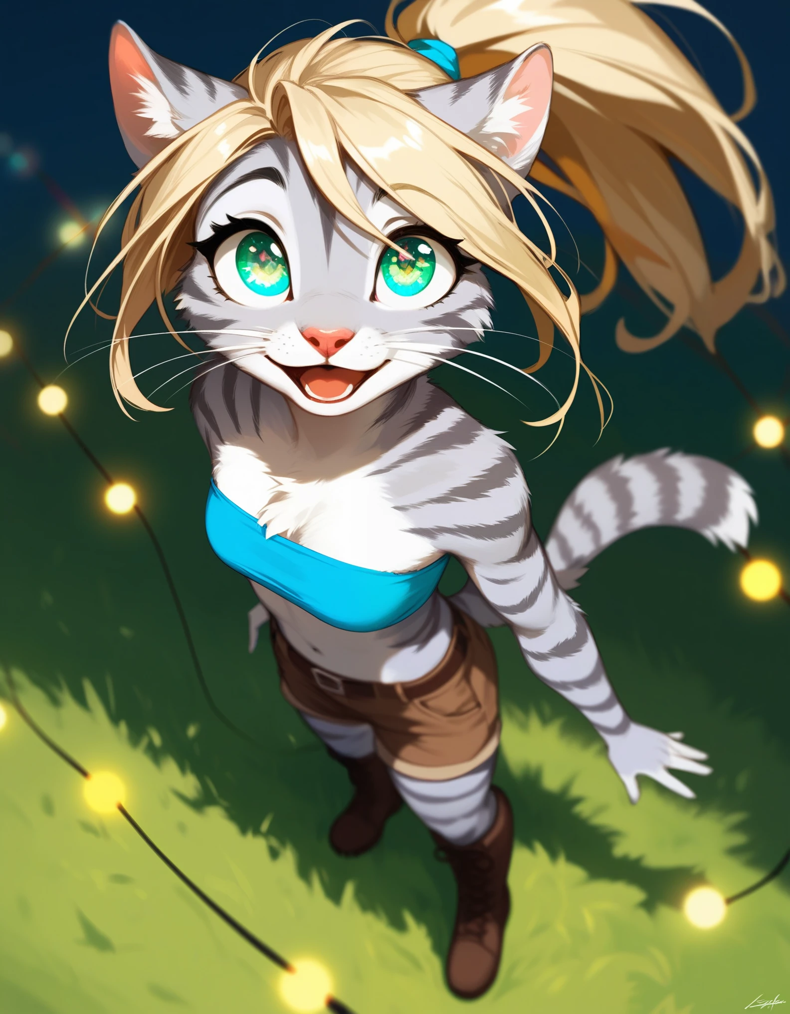 Solo, score_9,score_8_up,score_7_up, source_furry, kat, Anthro furry feline, big blue soarin sparkling eyes, blonde hair, (ponytail hair), pink nose, :3, white whiskers, silver fur with grey stripes, furry body, wearing blue bandeau, brown short shorts, brown boots, standing, from above, amazed expression, looking up at the sky, colorful lights flashing, on a grassy field, mouth open, :o,