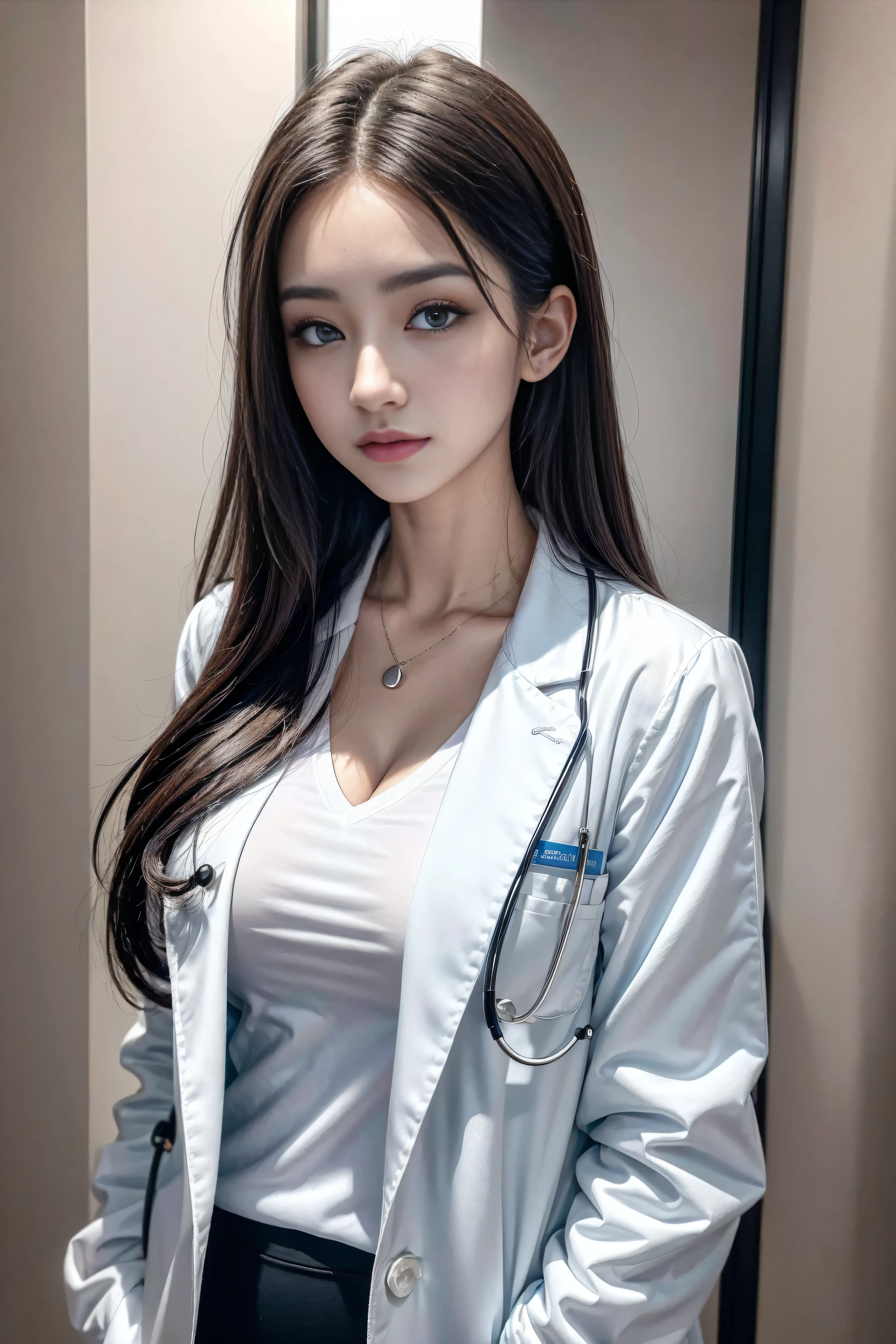 Realistic beautiful doctor、Stunning beauty、Doctor's white coat, Collared shirt、(Top quality、8K、32k、masterpiece、nffsw:1.3)、Ultra-high resolution,(Reality:1.4),Original Photography, Delicate face,,Beautiful hair, ((Doctor style)), , Black tight skirt、 Natural Makeup,, Full breasts、Inside the hospital, Detailed background, Perfect lighting, Depth of Field, Beautiful shadow gradient,Stethoscope ,