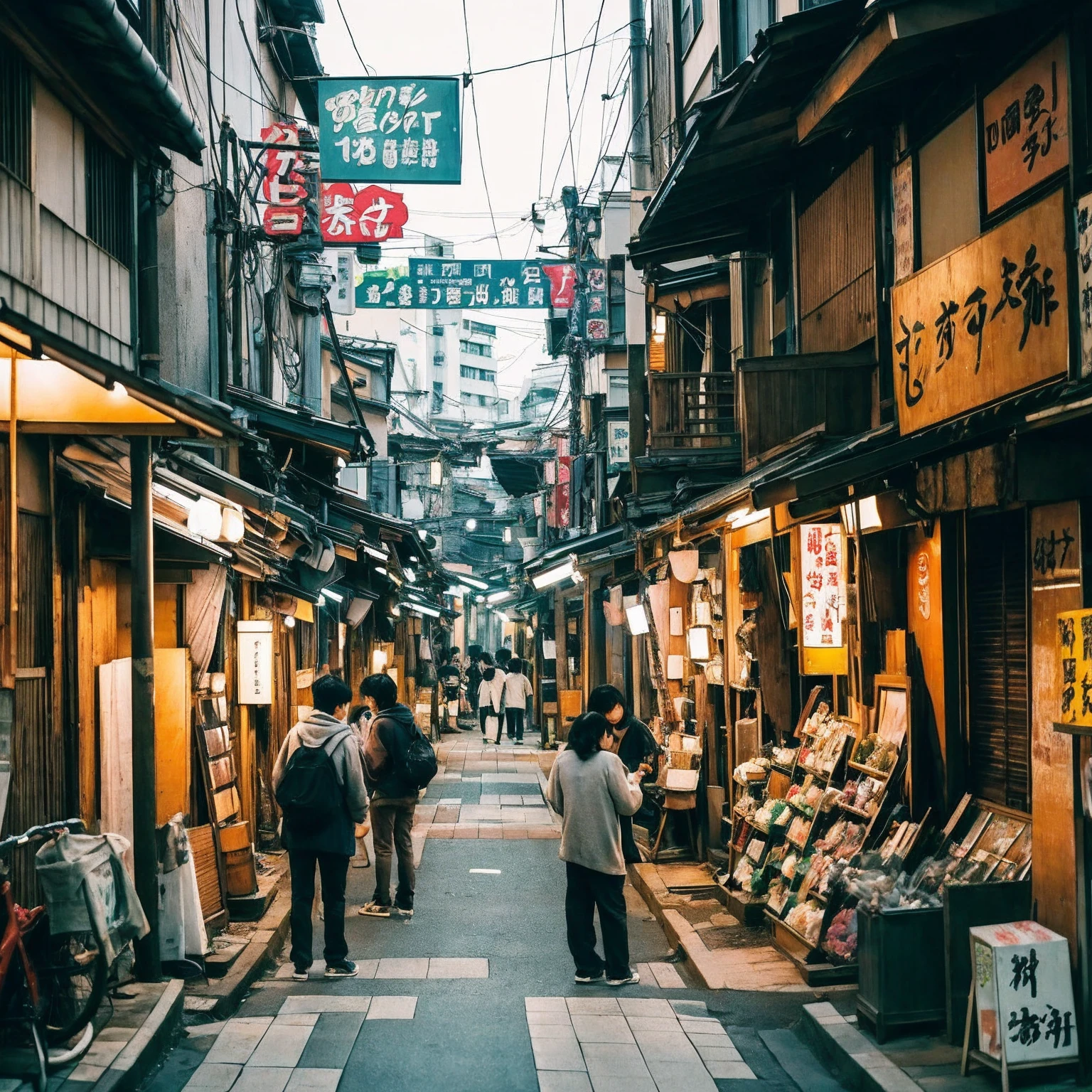 (masterpiece: 1.2, highest quality), snap shot, Japan's poor neighborhoods, Good old Japanese townscape、Poor conditions, (Dirty middle-aged)、Dirty and old store、Showa Retro、Playing with friends on the street、Have fun eating and drinking with friends,