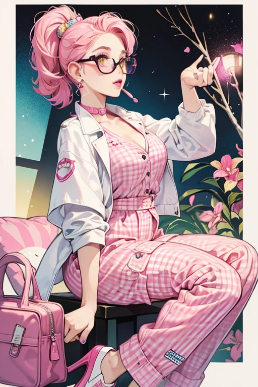Cherry B.B. has a tan skin tone that is matches her siblings and a rockabilly style/aesthetic pin-up magenta streaked with pink hairdo. When first unboxing her, she comes with a pink gingham picnic print top as well as pants in the same print though split in yellow and pink. On top is a blue, black, and white jacket with a kiss print and pink, white, and black shoes.
Her face paint includes pink lipstick, yellow graphic eyeliner, and freckles. For her accessories she comes with cherry earrings, cat eye glasses, and a chess bag. SPARKLE; GLITTER