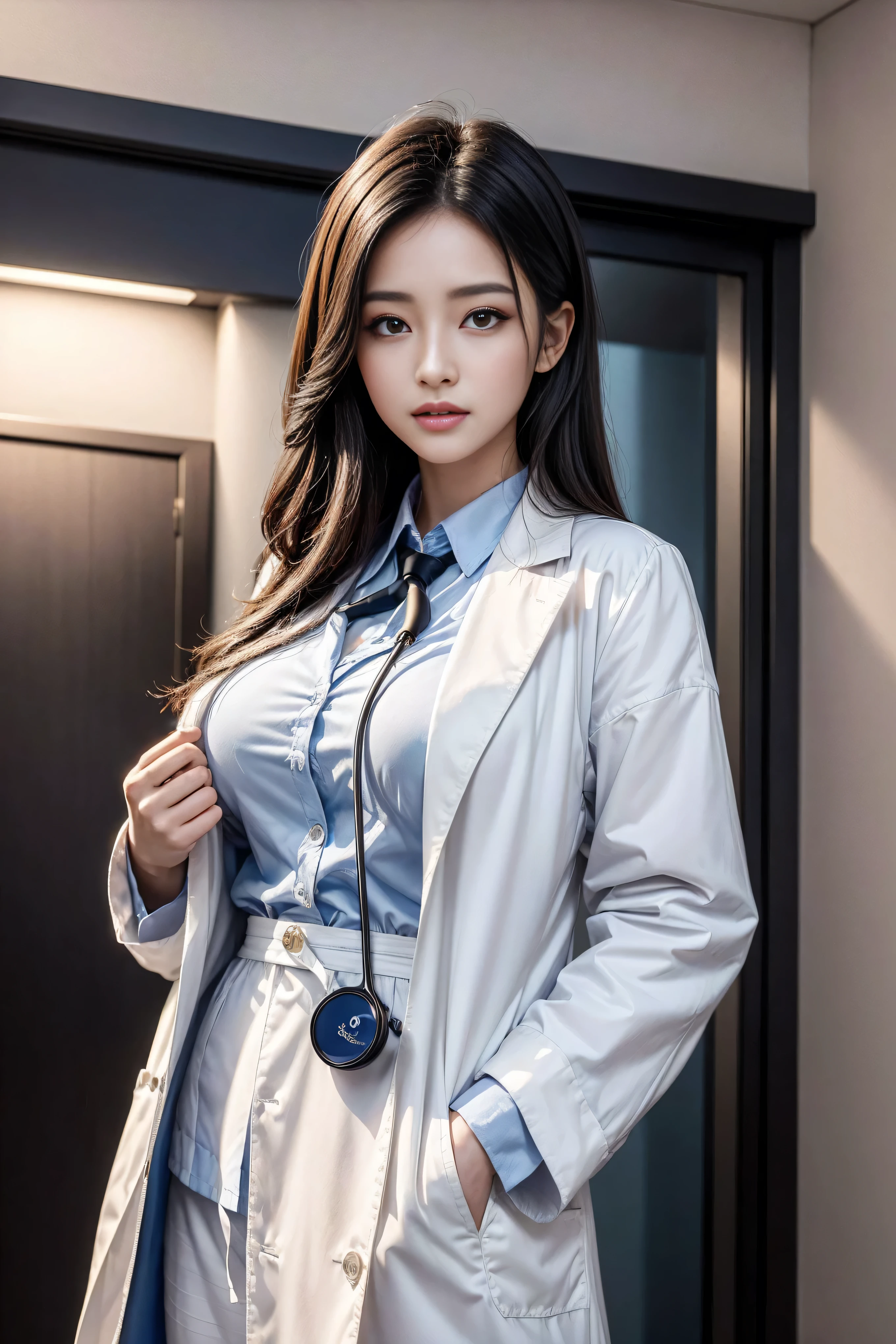 Realistic beautiful doctor、Stunning beauty、Doctor's white coat, Collared shirt、(Top quality、8K、32k、masterpiece、nffsw:1.3)、Ultra-high resolution,(Reality:1.4),Original Photography, Delicate face,,Beautiful hair, ((Doctor style)), , Black tight skirt、 Natural Makeup,, Full breasts、Inside the hospital, Detailed background, Perfect lighting, Depth of Field, Beautiful shadow gradient,Stethoscope ,