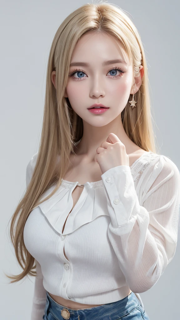 (((blouse、Shorts、White background、Cowboy Shot、forehead)))、forehead、Northern Europe、Russia、beautiful girl、Platinum Blonde Hair、Straight long hair、Big blue eyes、Northern Europeの若者、Glowing Skin、Young and beautiful skin、A perfect and beautiful little face、Bright makeup、Pale pink lips、Bright expression、lipstick、Golden Hour Lighting、Movie Light、Intricate details、High resolution、 Detailed features of the face design、Big Breasts