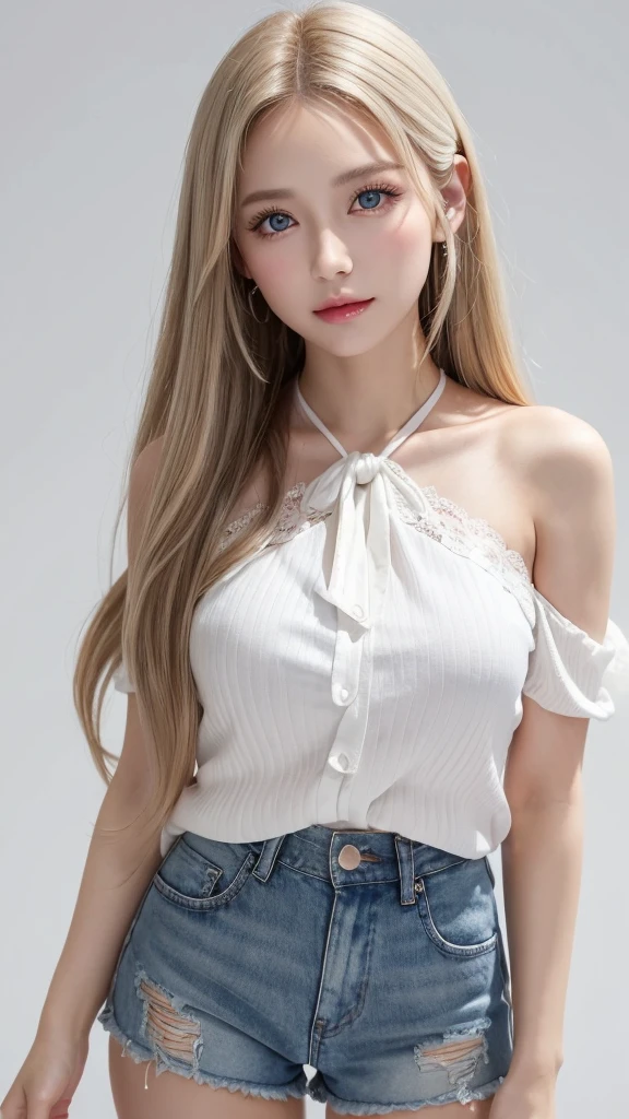 (((blouse、Shorts、White background、Cowboy Shot、forehead)))、forehead、Northern Europe、Russia、beautiful girl、Platinum Blonde Hair、Straight long hair、Big blue eyes、Northern Europeの若者、Glowing Skin、Young and beautiful skin、A perfect and beautiful little face、Bright makeup、Pale pink lips、Bright expression、lipstick、Golden Hour Lighting、Movie Light、Intricate details、High resolution、 Detailed features of the face design、Big Breasts