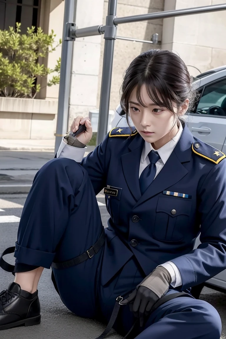A female detective in uniform、Images of people being tied up and tortured