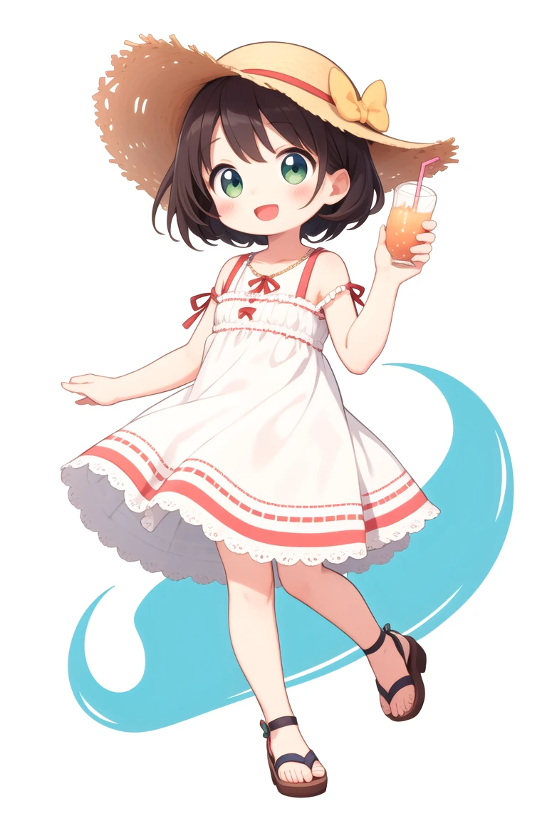 chibi, flat color, solo, full body, cute, (highest quality), Girl with a straw hat, Summer Dress, sandal, contented smile, open mouth, looks fun, ((white background)), (masterpiece)