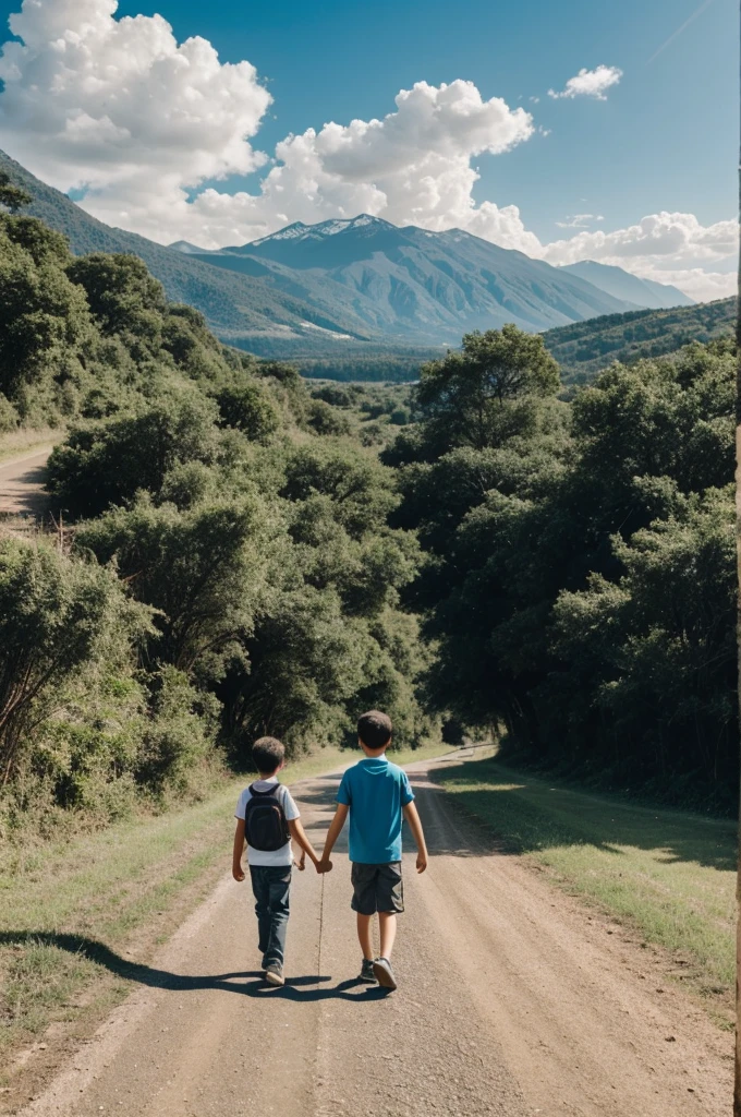 A boy and a girl walking alone by roadside with a awesome natural view