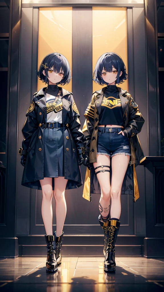 2girls, twins, short wavy navy blue hair, golden yellow glowing eyes, wearing black tube top, navy blue trench coat, navy blue long denim skirt, golden boots, sleeve tattoo, river, absurdres, high res, ultra sharp, 8k, masterpiece, looking at viewer